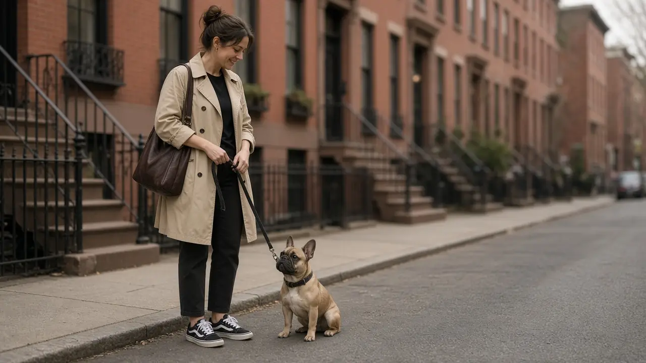 A walker pauses with a French bulldog on a quiet residential sidewalk.