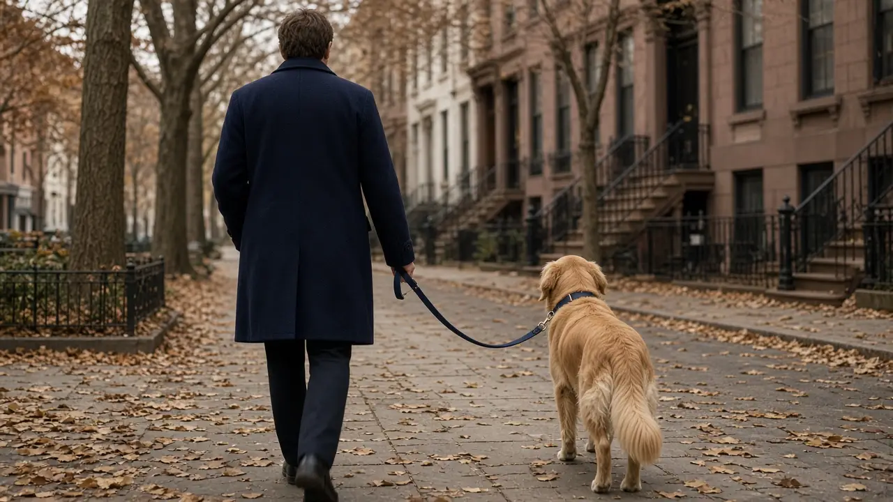 A walker in a navy coat walks a golden retriever along a quiet brownstone street in autumn.