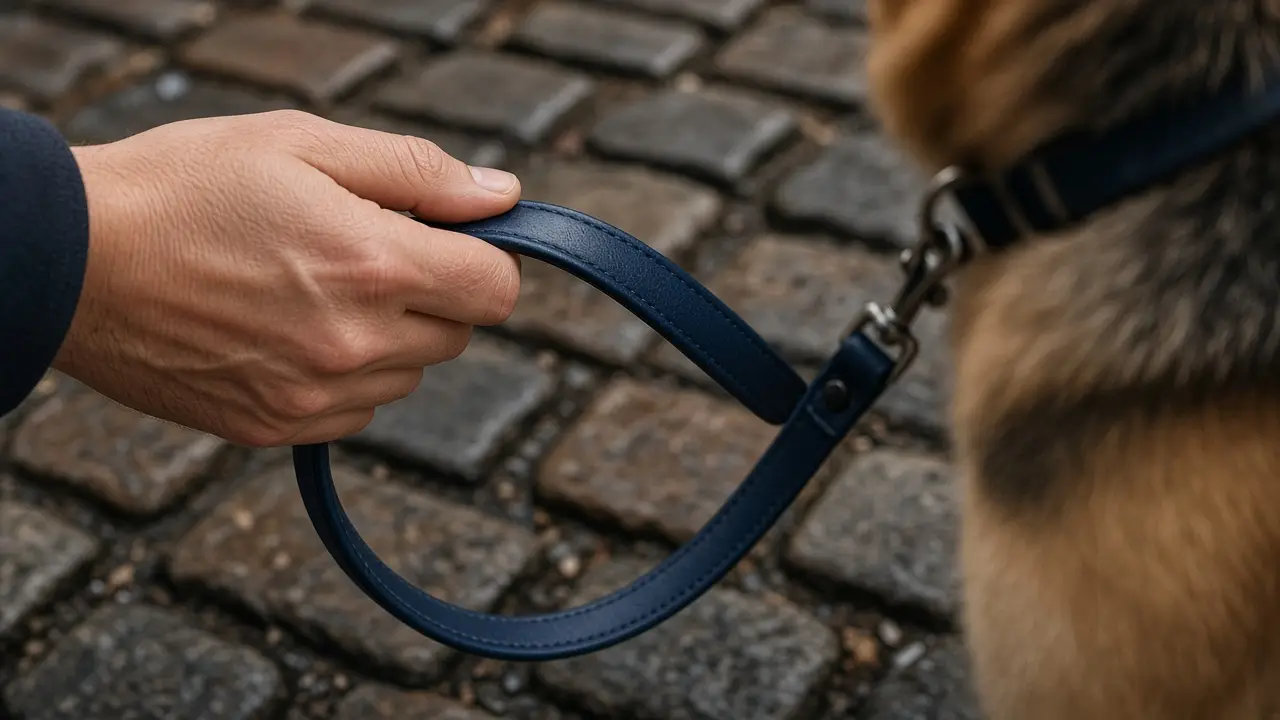 A walker's hand holds a navy leather leash with a relaxed grip.