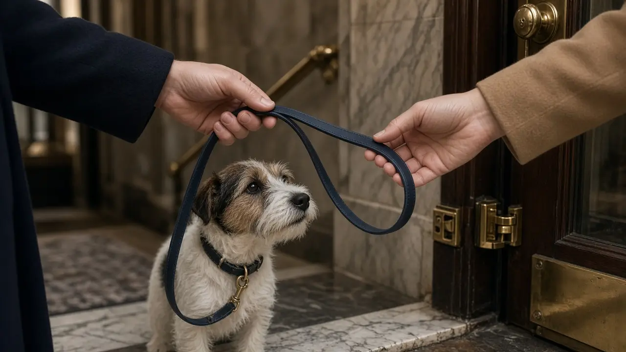 A leash is handed over at an apartment doorway while a small terrier waits.