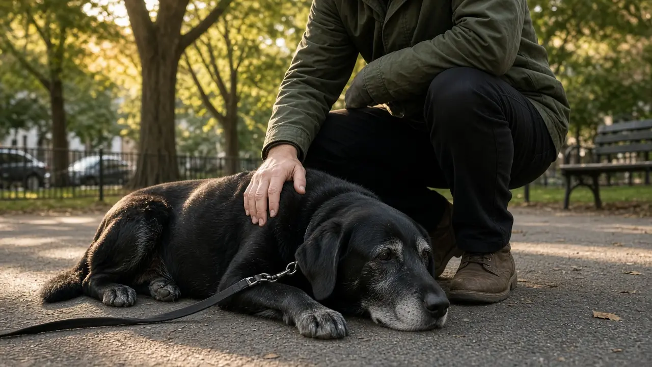 A walker crouches beside a senior black labrador resting on a park path.