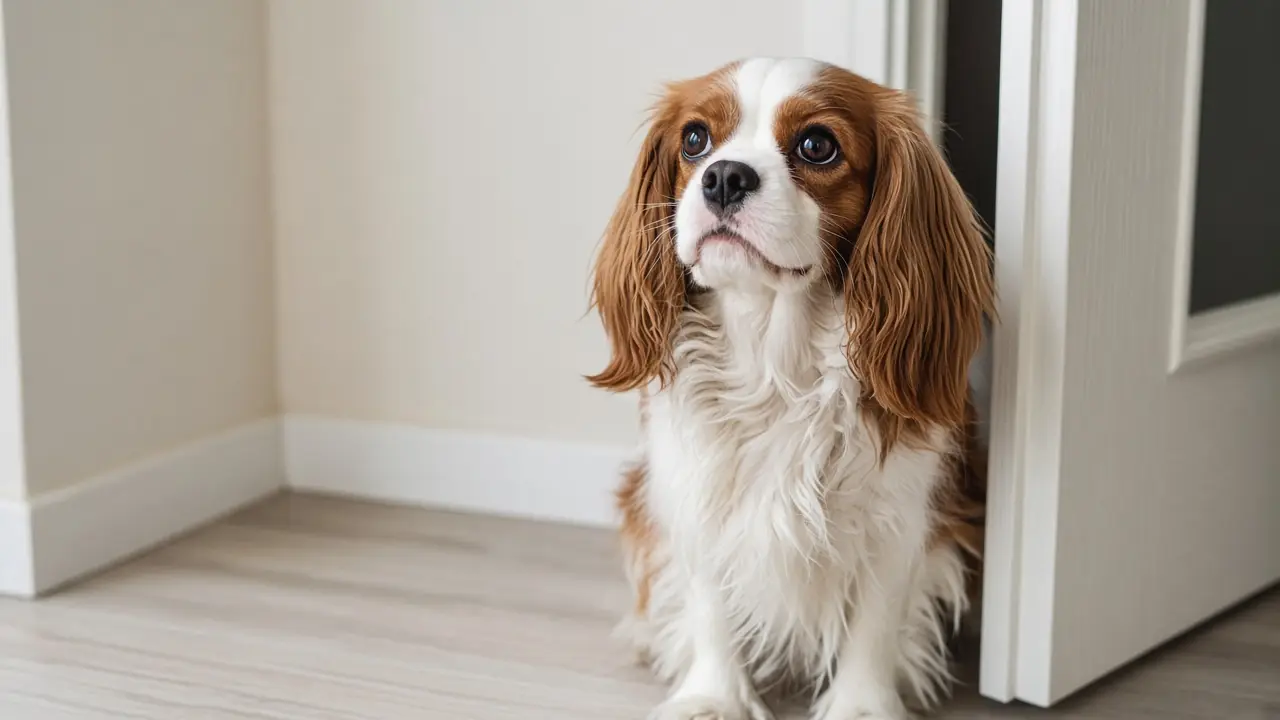 A cavalier king charles spaniel waits calmly inside an apartment doorway.